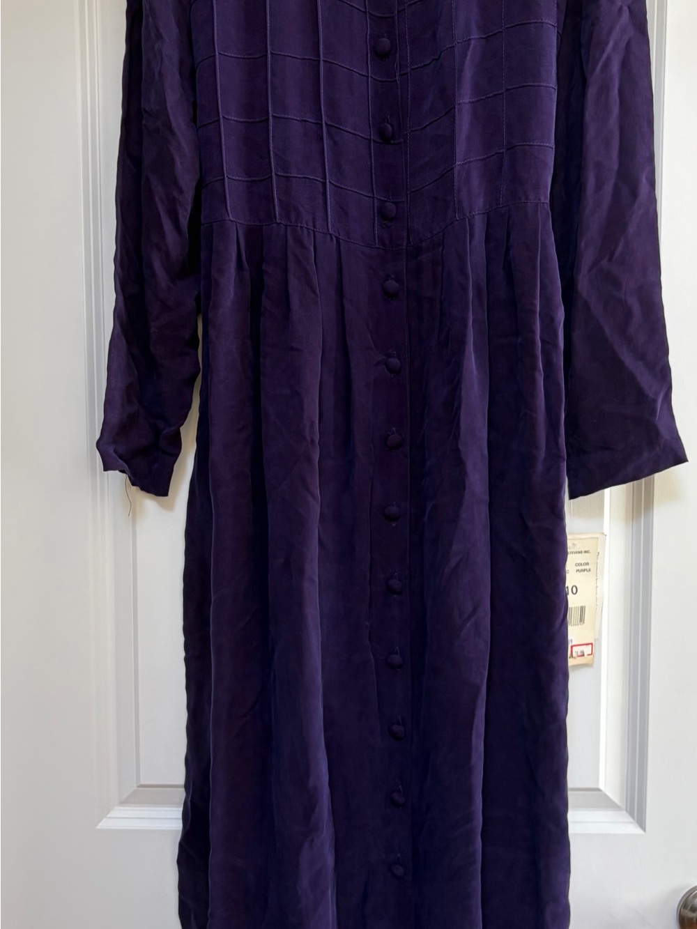 NWT VTG Karin Stevens Dress Button Front Purple Rayon Sz 10 Squares Tie Back